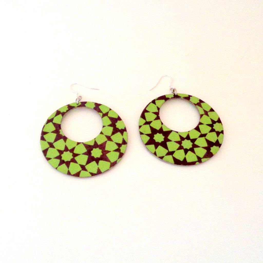 Boucles d'oreille en carton - Grandes créoles - Vert étoilé - Argent 925