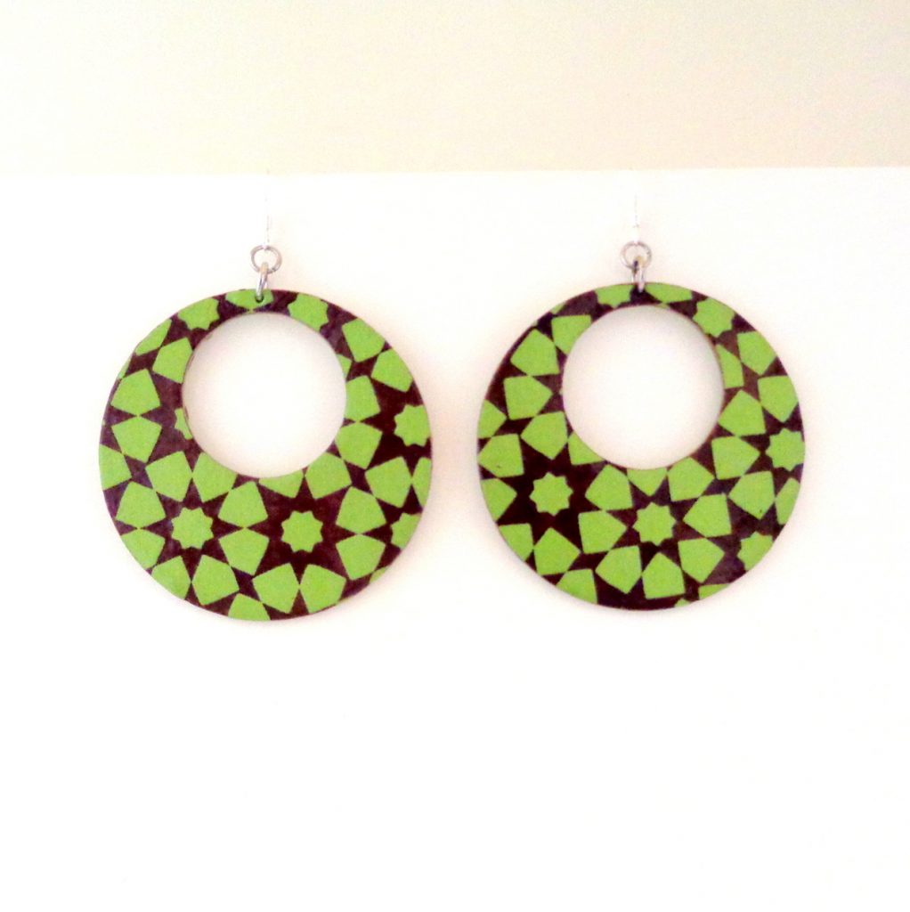 Boucles d'oreille en carton - Grandes créoles - Vert étoilé - Argent 925