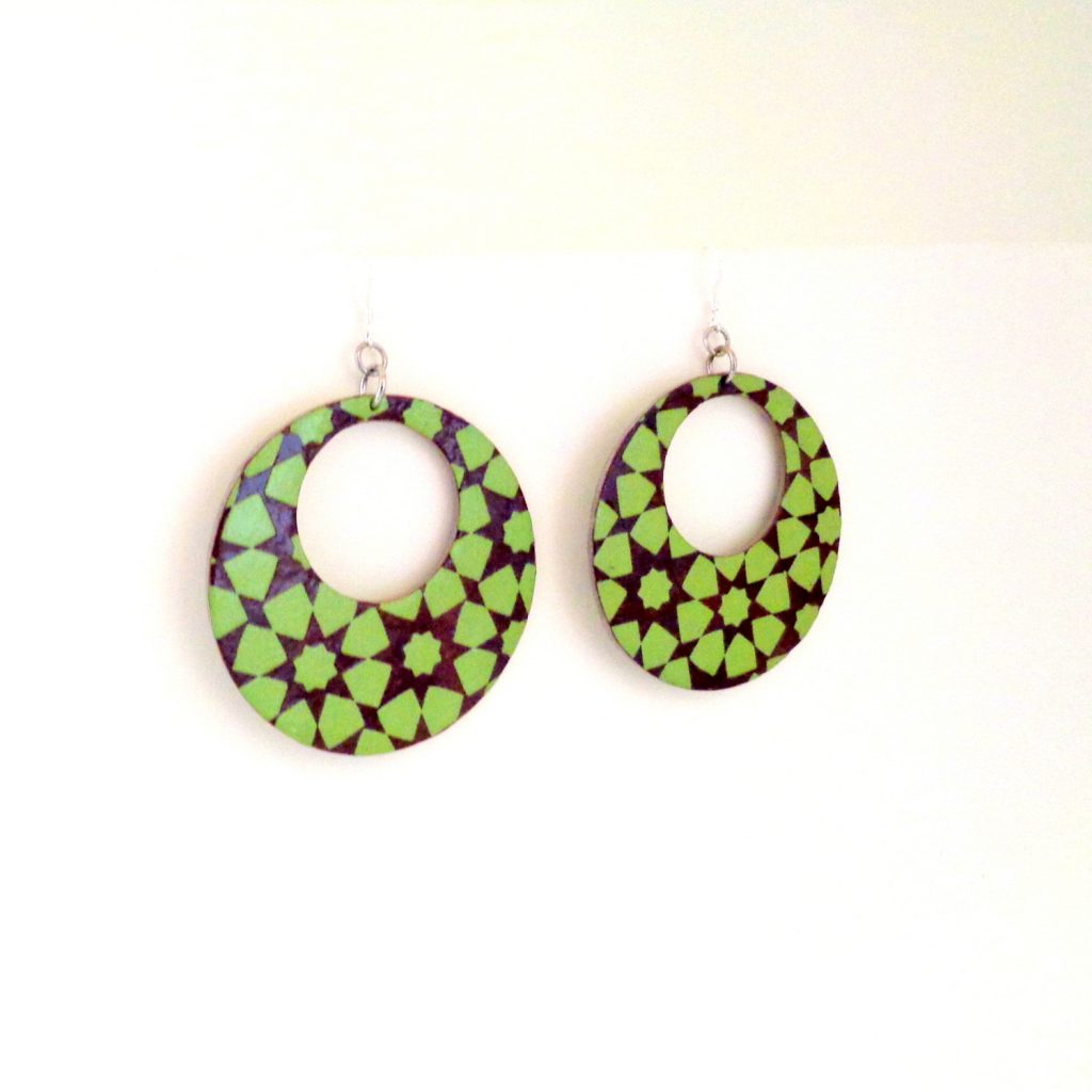 Boucles d'oreille en carton - Grandes créoles - Vert étoilé - Argent 925