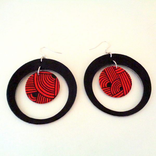 Boucles d'oreille en carton - "Grandes créoles plus une" - Noir/Rouge nœuds - Argent 925