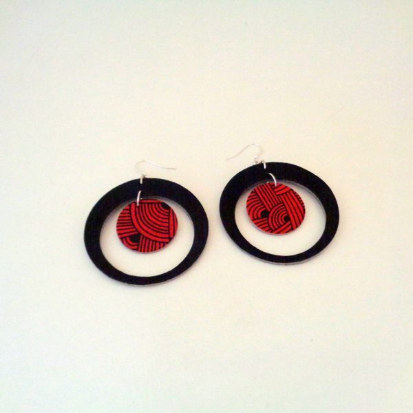 Boucles d'oreille en carton - "Grandes créoles plus une" - Noir/Rouge nœuds - Argent 925