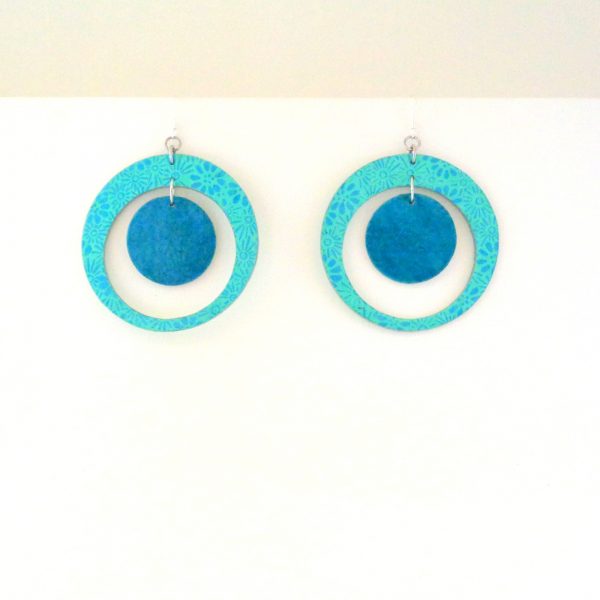 Boucles d'oreille en carton - "Grandes créoles plus une" - Bleu à fleurs/Bleu turquoise - Argent 925