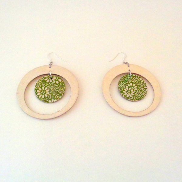 Boucles d'oreille en carton - Grande créole plus 1 - Blanc/vert à fleurs - Argent 925