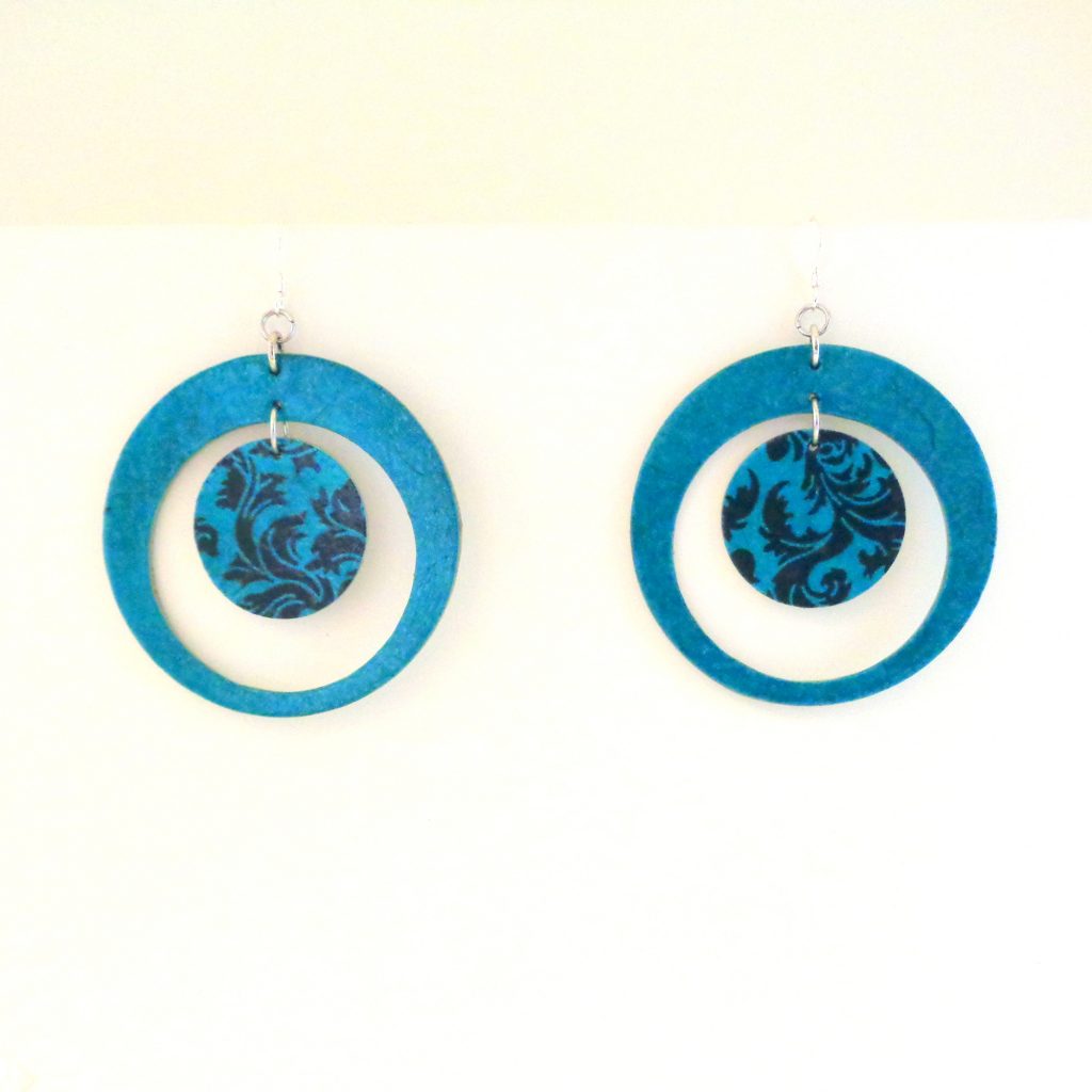 Boucles d'oreille en carton - Grande créole plus 1 - Bleu turquoise/bleu baroque - Argent 925