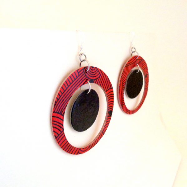 Boucles d'oreille en carton - Grande créole plus 1 - "Rouge Nœuds/Noir" - Argent 925