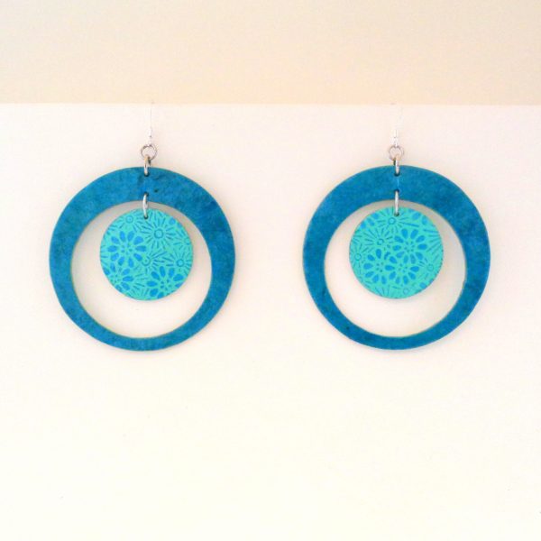 Boucles d'oreille en carton - Grande créole plus 1 - Bleu turquoise/Bleu fleuri - Argent 925