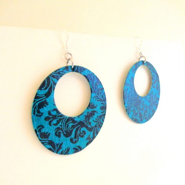 Boucles d'oreille en carton - Grandes créoles - "Bleu turquoise baroque - Argent 925