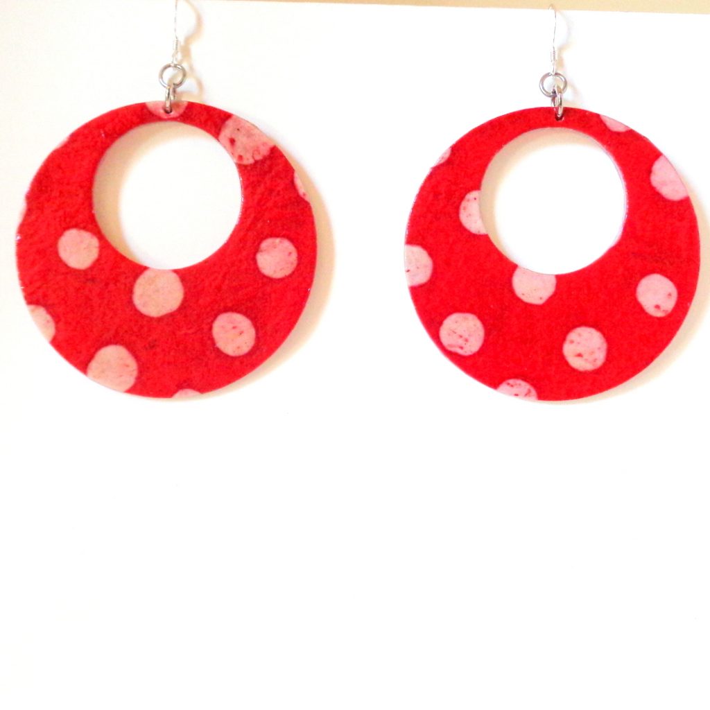 Boucles d'oreille en carton - Grandes créoles - "Rouge à pois blancs" - Argent 925