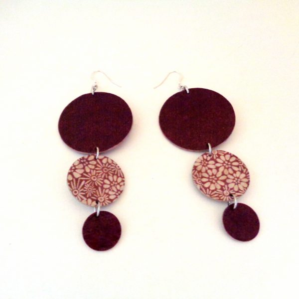 Boucles d'oreille en carton - Longues rondes - Bordeaux à fleurs - Argent 925