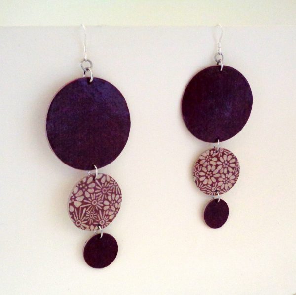 Boucles d'oreille en carton - Longues rondes - Bordeaux à fleurs - Argent 925