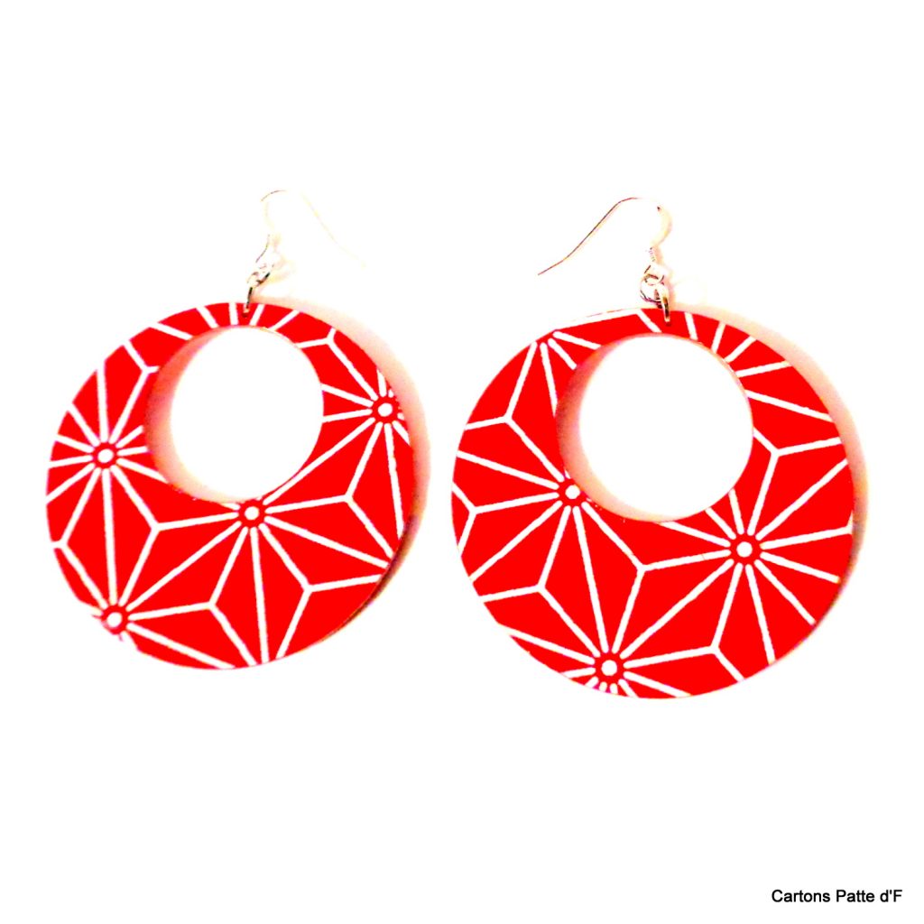 Boucles d'oreille en carton - Grandes Créoles - Rouge étoilé - Argent 925