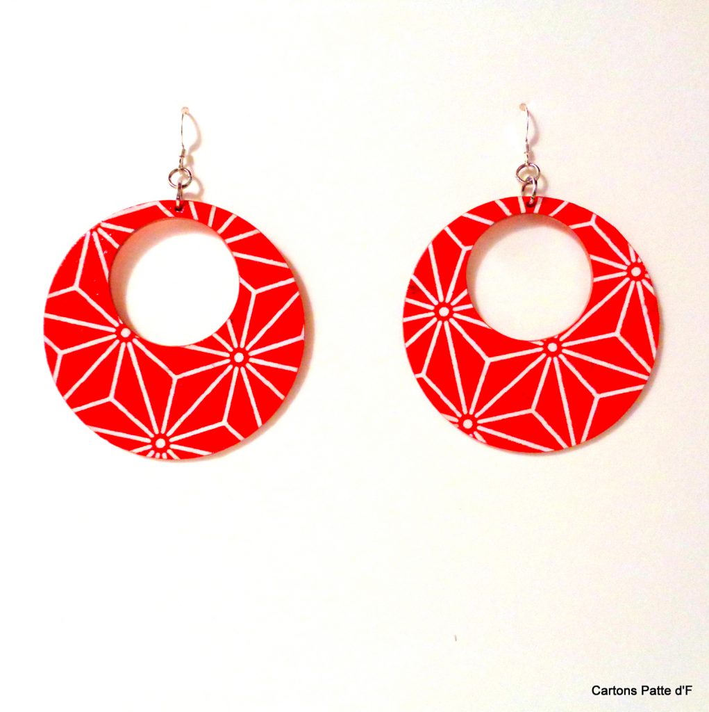 Boucles d'oreille en carton - Grandes Créoles - Rouge étoilé - Argent 925