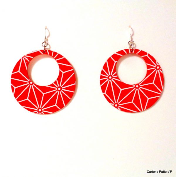 Boucles d'oreille en carton - Grandes Créoles - Rouge étoilé - Argent 925