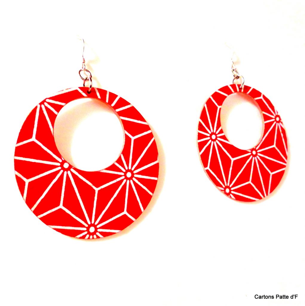 Boucles d'oreille en carton - Grandes Créoles - Rouge étoilé - Argent 925