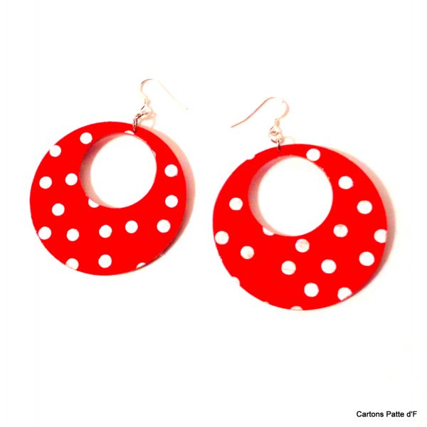 Boucles d'oreille en carton - Grandes Créoles - Rouge à petits pois blancs - Argent 925