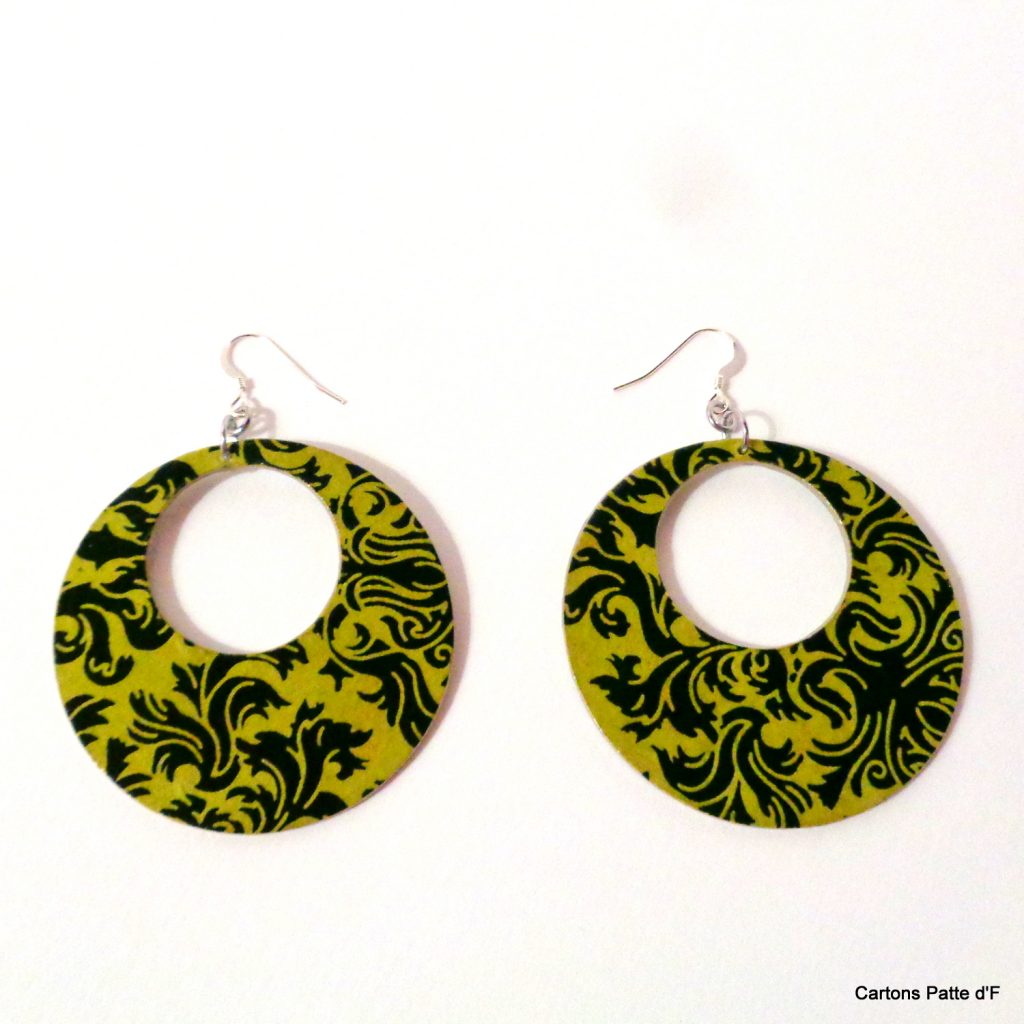 Boucles d'oreille en carton - Grandes Créoles - Vert Baroque - Argent 925