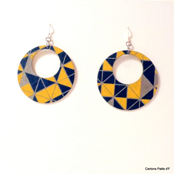 Boucles d'oreille en carton - Grandes Créoles - Bleu et Jaune Géo - Argent 925