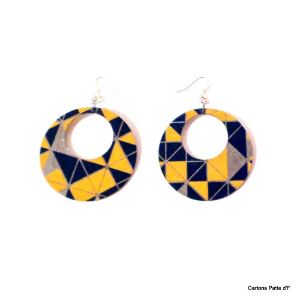 Boucles d'oreille en carton - Grandes Créoles - Bleu et Jaune Géo - Argent 925