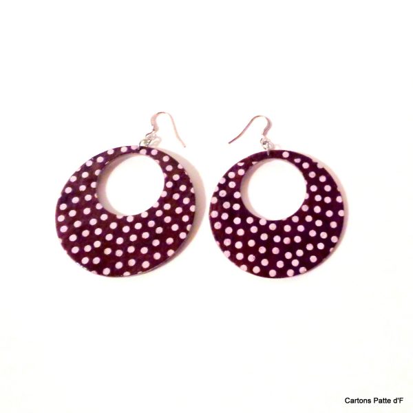 Boucles d'oreille en carton - Grandes Créoles - Marron à petits pois blancs - Argent 925