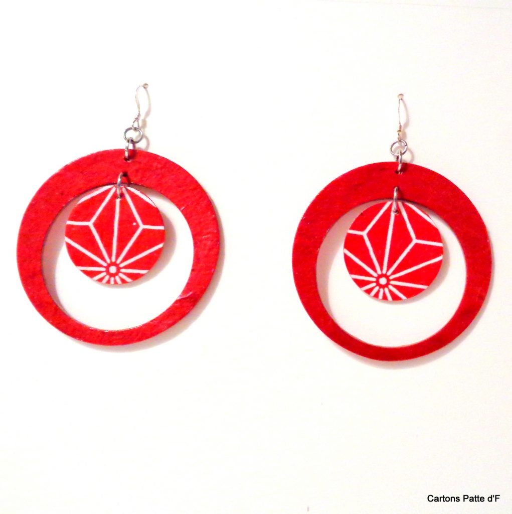 Boucles d'oreille en carton - "Grandes créoles plus une" - Rouge/Rouge étoilé - Argent 925