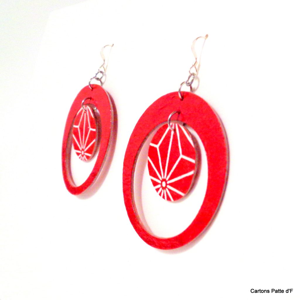 Boucles d'oreille en carton - "Grandes créoles plus une" - Rouge/Rouge étoilé - Argent 925
