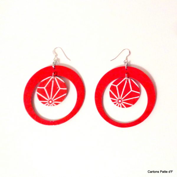Boucles d'oreille en carton - "Grandes créoles plus une" - Rouge/Rouge étoilé - Argent 925