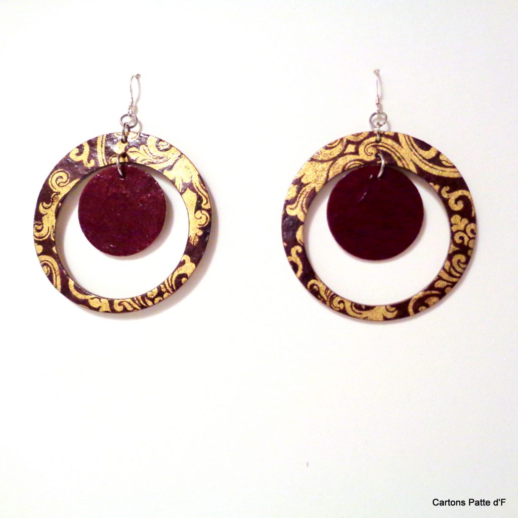 Boucles d'oreille en carton - "Grandes créoles plus une" - Or Bordeaux/Bordeaux - Argent 925