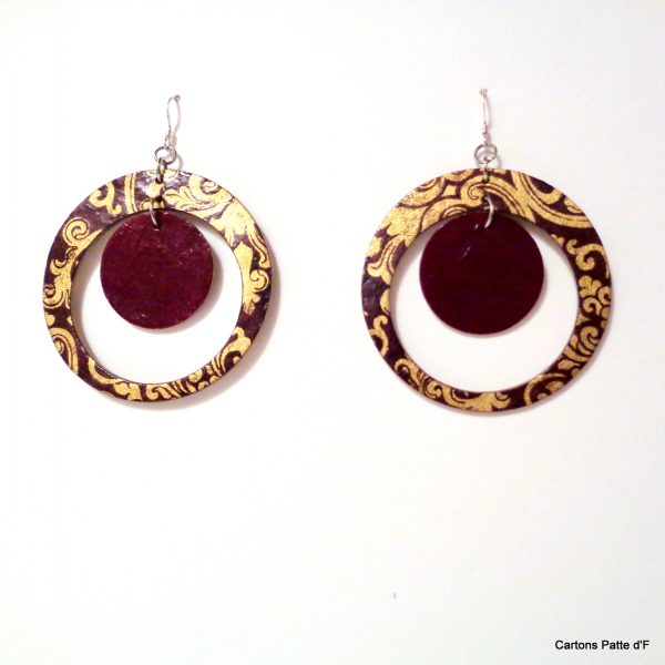 Boucles d'oreille en carton - "Grandes créoles plus une" - Or Bordeaux/Bordeaux - Argent 925