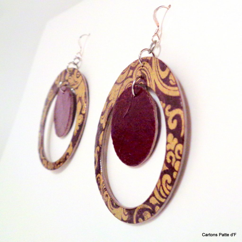 Boucles d'oreille en carton - "Grandes créoles plus une" - Or Bordeaux/Bordeaux - Argent 925
