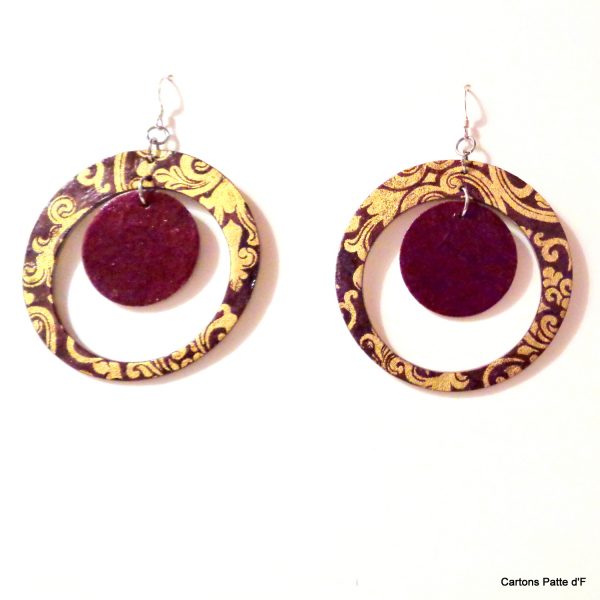 Boucles d'oreille en carton - "Grandes créoles plus une" - Or Bordeaux/Bordeaux - Argent 925