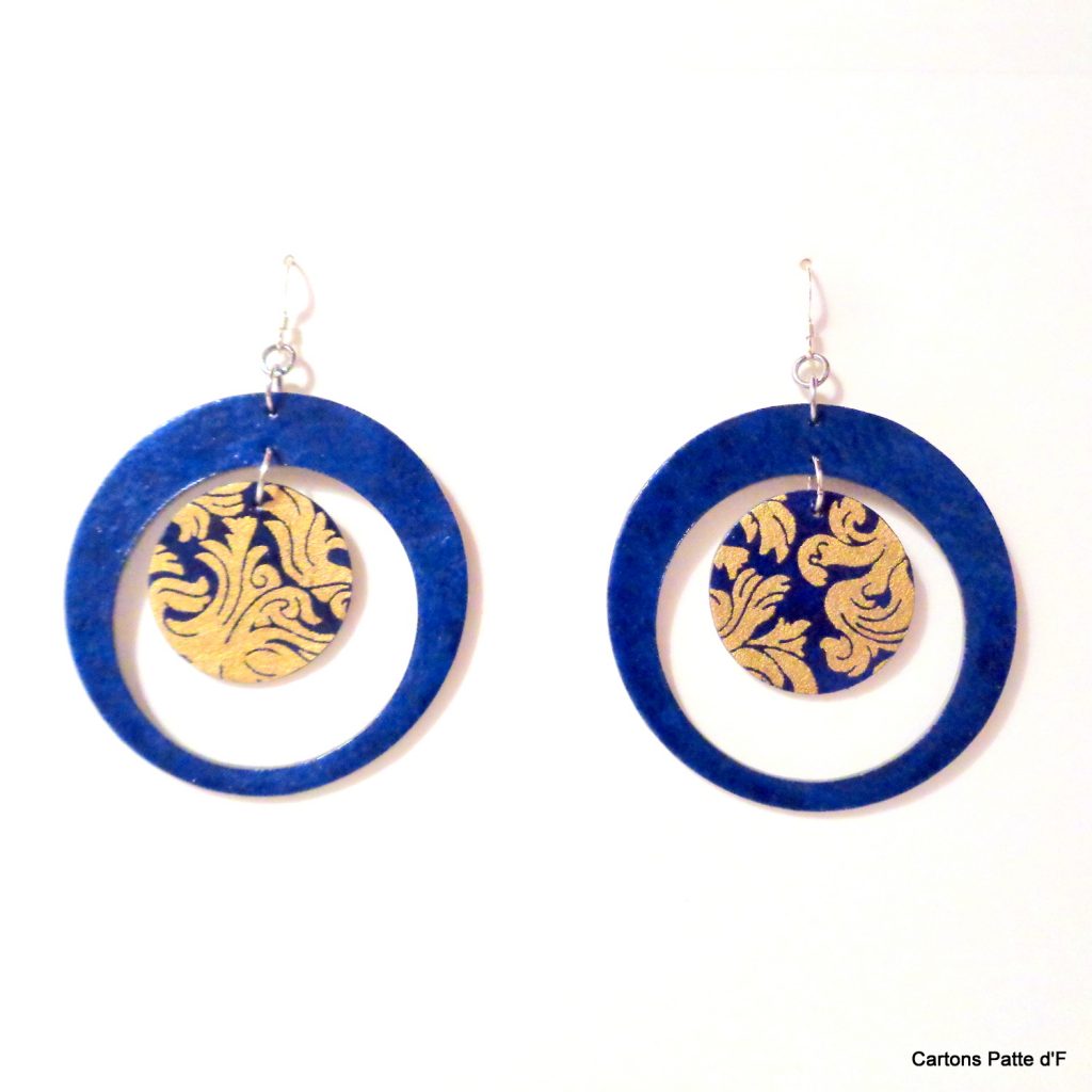 Boucles d'oreille en carton - "Grandes créoles plus une" - Bleu/Or Bleu - Argent 925
