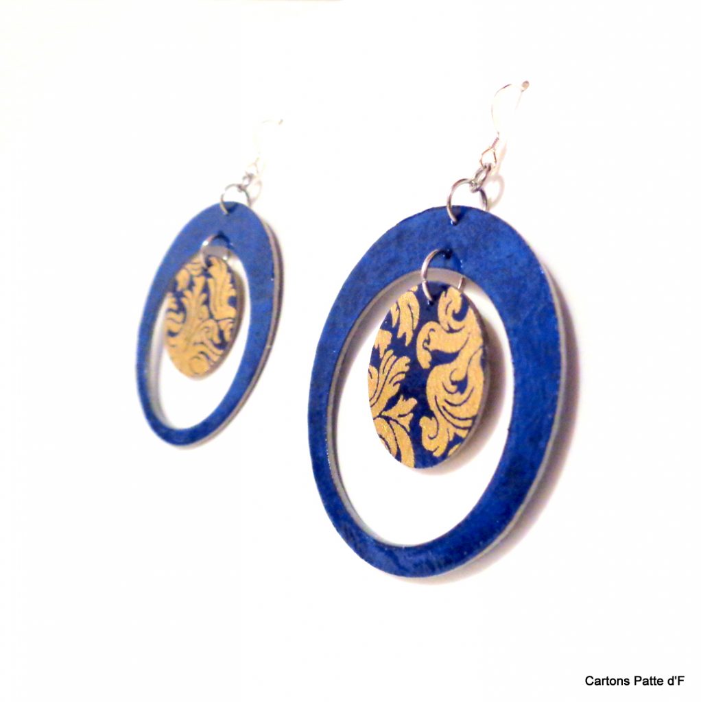 Boucles d'oreille en carton - "Grandes créoles plus une" - Bleu/Or Bleu - Argent 925