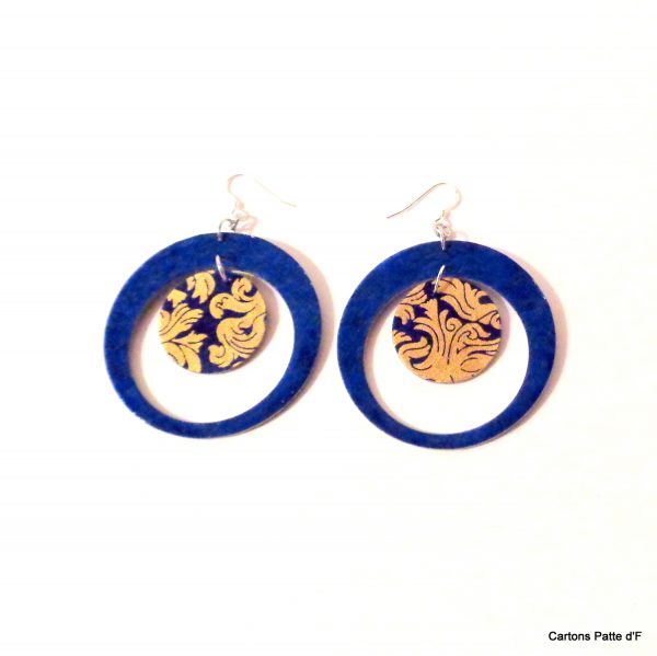 Boucles d'oreille en carton - "Grandes créoles plus une" - Bleu/Or Bleu - Argent 925