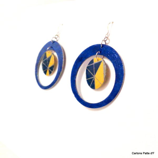 Boucles d'oreille en carton - "Grandes créoles plus une" - Bleu/Bleu et jaune Géo - Argent 925