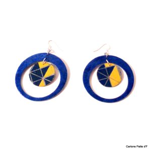 Boucles d'oreille en carton - "Grandes créoles plus une" - Bleu/Bleu et jaune Géo - Argent 925 – Image 2