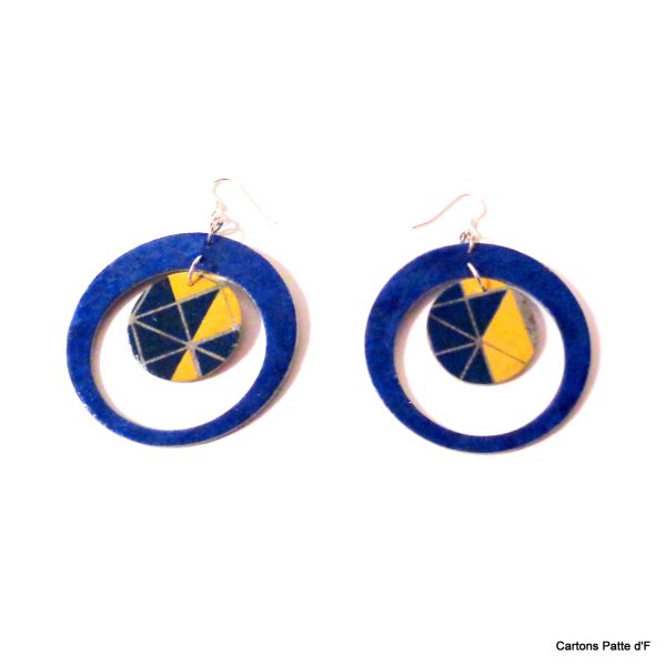 Boucles d'oreille en carton - "Grandes créoles plus une" - Bleu/Bleu et jaune Géo - Argent 925