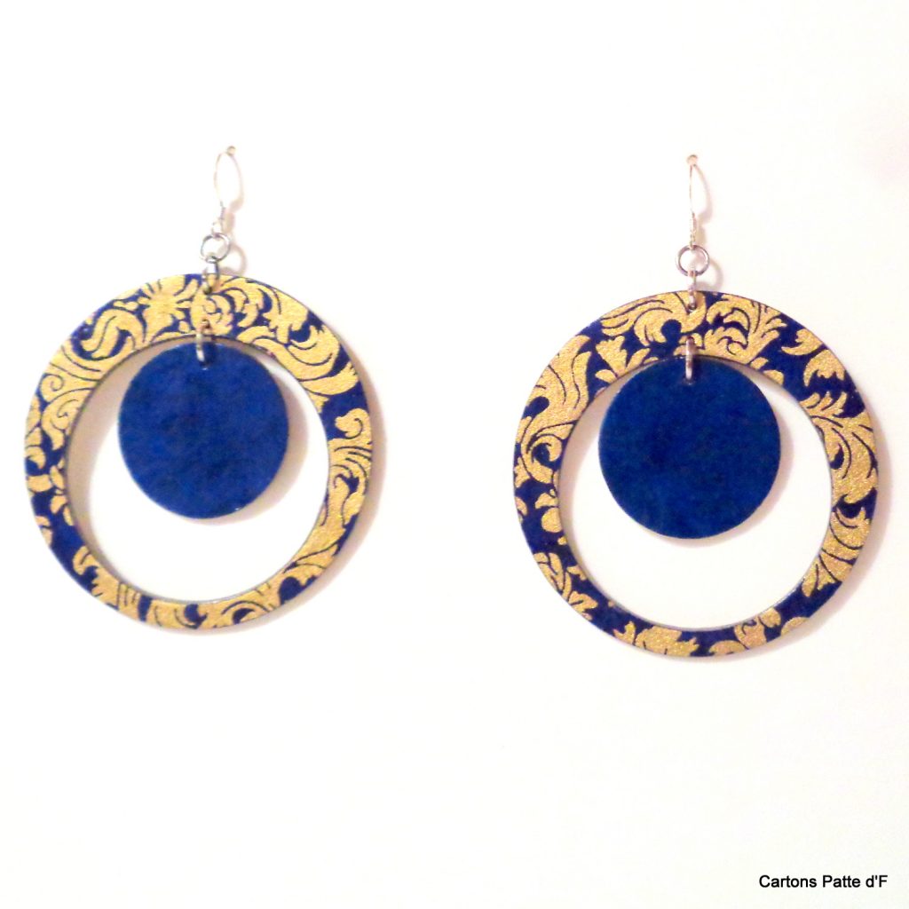 Boucles d'oreille en carton - "Grandes créoles plus une" - Or Bleu/Bleu - Argent 925
