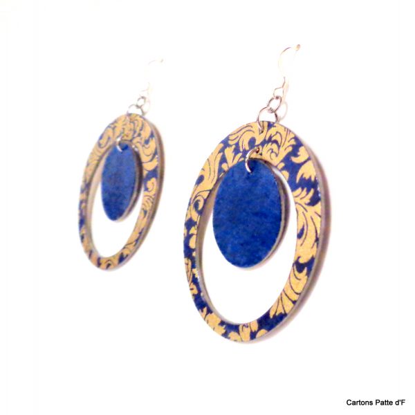 Boucles d'oreille en carton - "Grandes créoles plus une" - Or Bleu/Bleu - Argent 925
