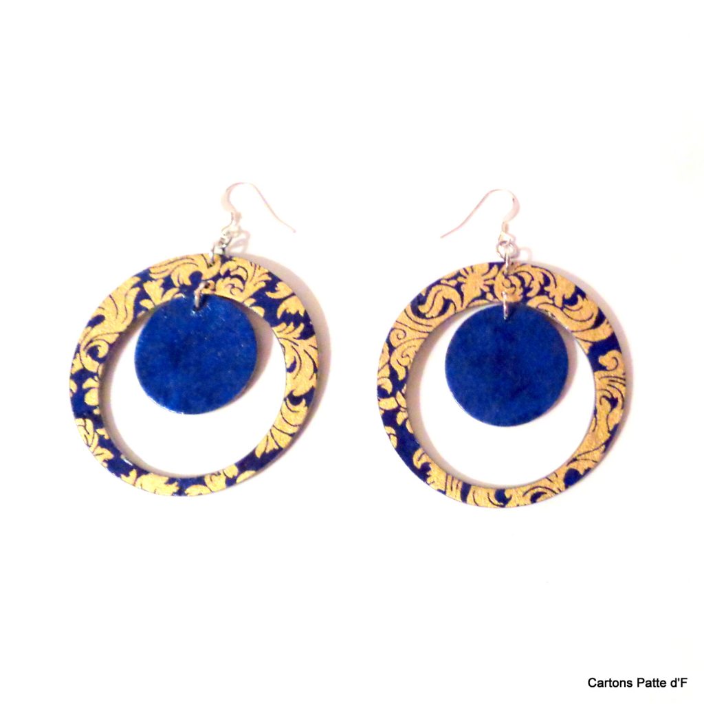 Boucles d'oreille en carton - "Grandes créoles plus une" - Or Bleu/Bleu - Argent 925