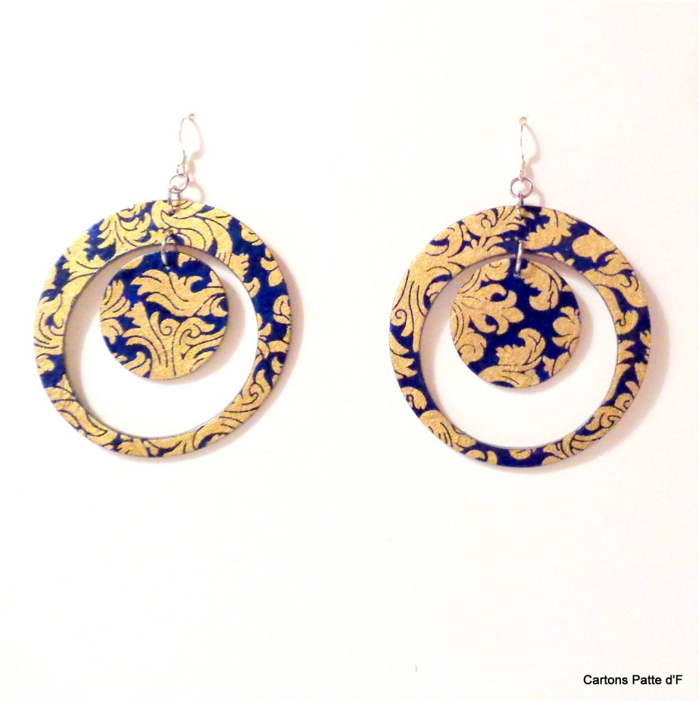 Boucles d'oreille en carton - "Grandes créoles plus une" - Or Bleu - Argent 925