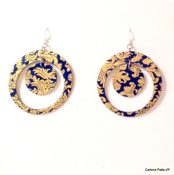 Boucles d'oreille en carton - "Grandes créoles plus une" - Or Bleu - Argent 925