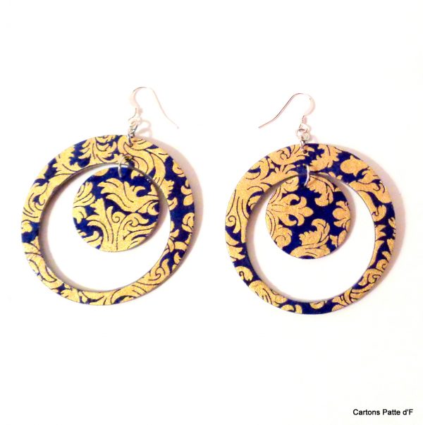 Boucles d'oreille en carton - "Grandes créoles plus une" - Or Bleu - Argent 925