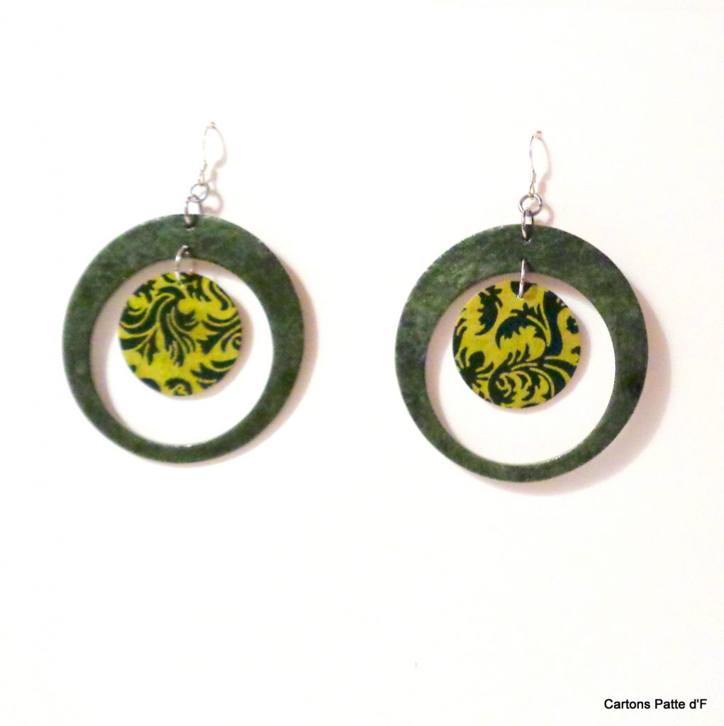 Boucles d'oreille en carton - "Grandes créoles plus une" - Vert forêt/Vert Baroque - Argent 925