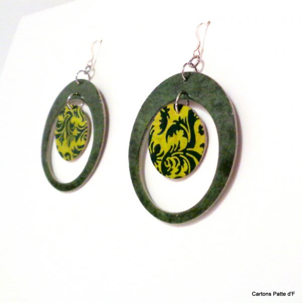 Boucles d'oreille en carton - "Grandes créoles plus une" - Vert forêt/Vert Baroque - Argent 925