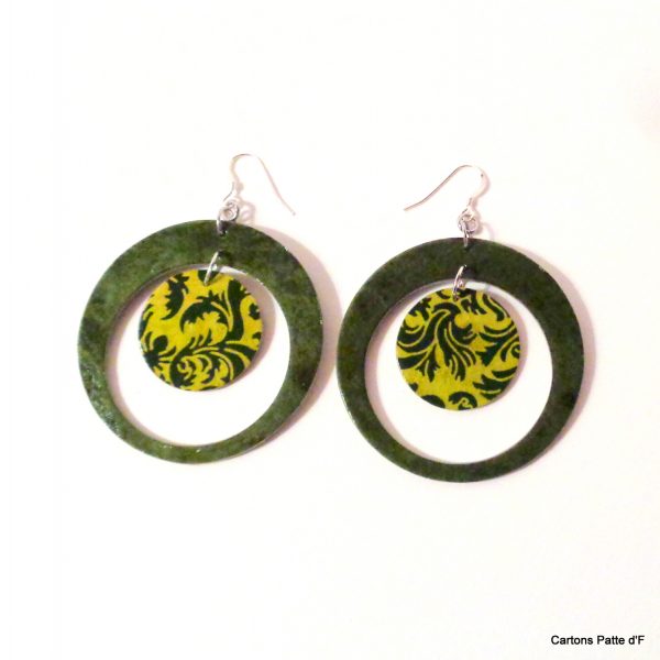 Boucles d'oreille en carton - "Grandes créoles plus une" - Vert forêt/Vert Baroque - Argent 925