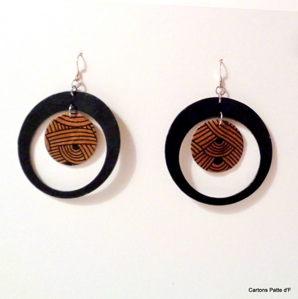 Boucles d'oreille en carton - "Grandes créoles plus une" - Noir/Marron Nœuds- Argent 925