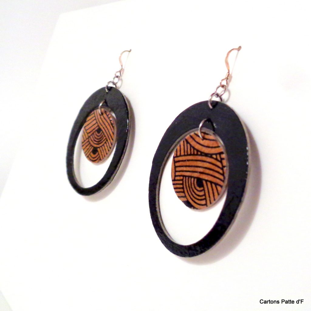 Boucles d'oreille en carton - "Grandes créoles plus une" - Noir/Marron Nœuds- Argent 925