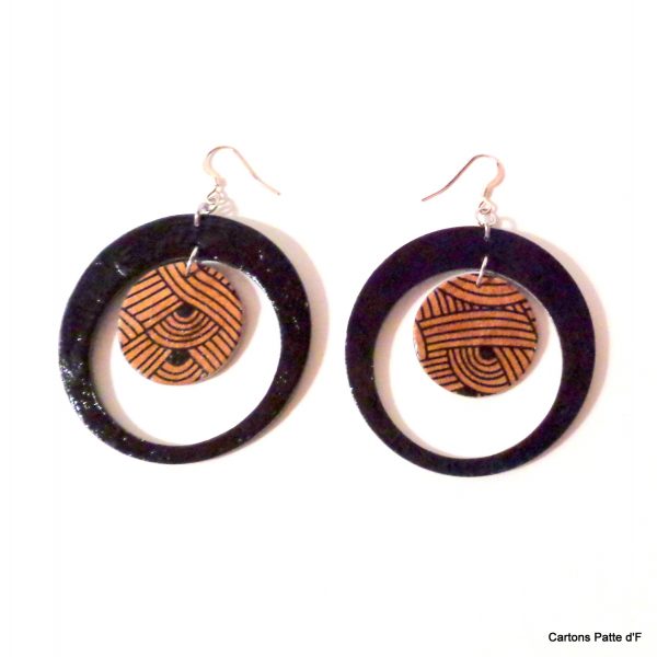 Boucles d'oreille en carton - "Grandes créoles plus une" - Noir/Marron Nœuds- Argent 925