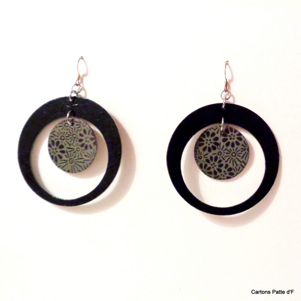 Boucles d'oreille en carton - "Grandes créoles plus une" - Noir/Gris à fleurs- Argent 925