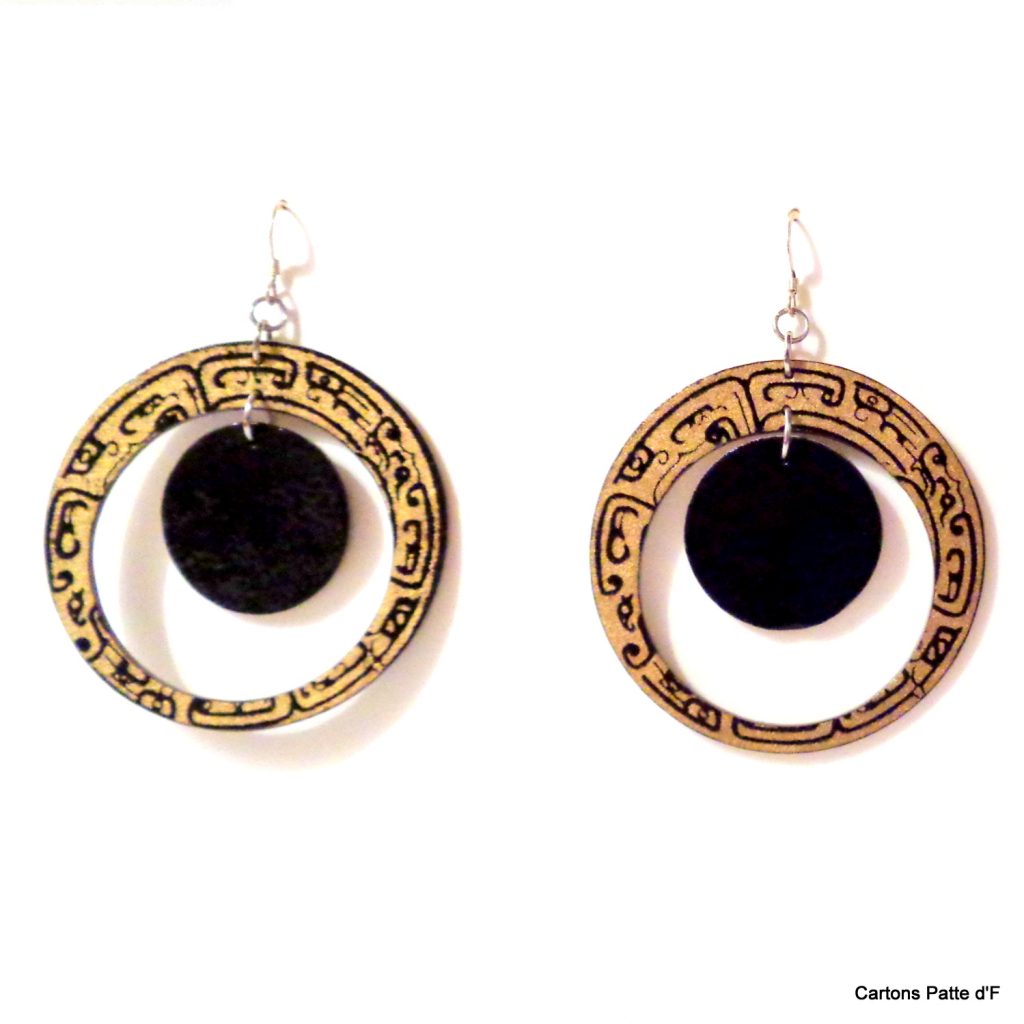 Boucles d'oreille en carton - "Grandes créoles plus une" - Noir Or/Noir - Argent 925
